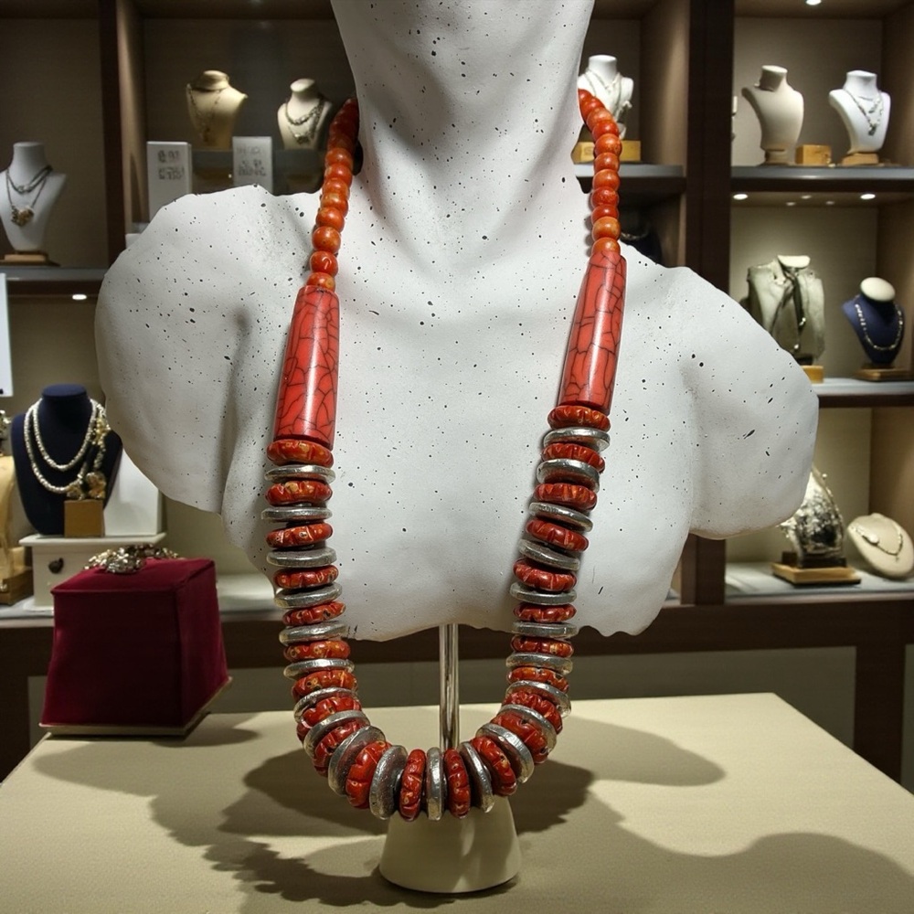 Spiny Oyster Shell and Silver Necklace